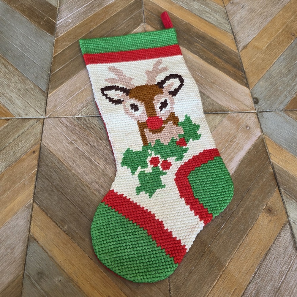 Christmas Stocking Rudolph Reindeer Needlepoint Vintage 19" x 8" Holiday Decor